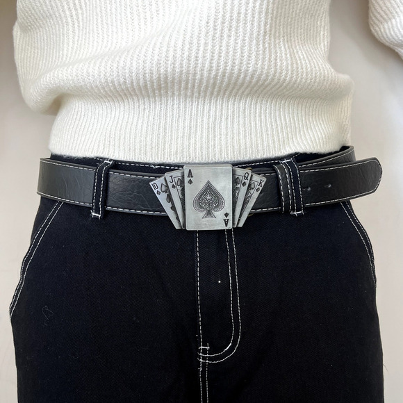 Y2k 2000s vintage chrome deck of cards black vegan leather belt - Picture 8 of 8